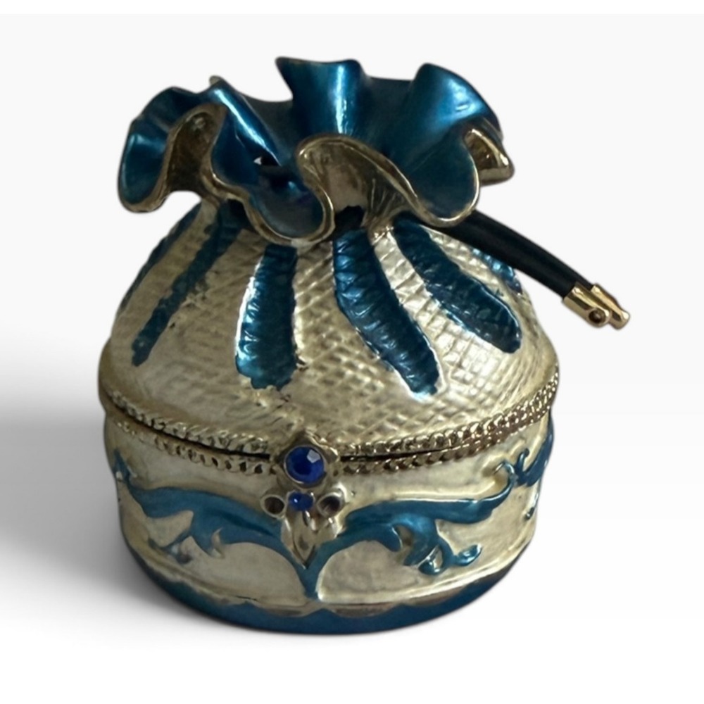 Blue Enamel Rhinestone Drawstring Pouch Hinged Trinket Box Vintage Style